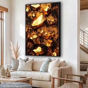 Quadro Pepitas de Ouro deitado sobre a superfície, mostrando os detalhes da moldura inferior direita.
