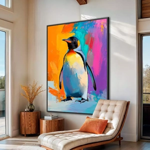 Quadro Pinguim deitado sobre a superfície, mostrando os detalhes da moldura inferior direita.