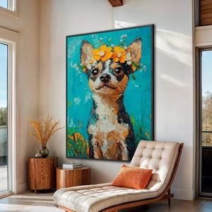 Quadro Pinscher Florido em Campo Azul deitado sobre a superfície, mostrando os detalhes da moldura inferior direita.