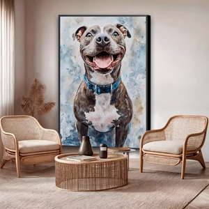 Quadro Pitbull deitado sobre a superfície, mostrando os detalhes da moldura inferior direita.