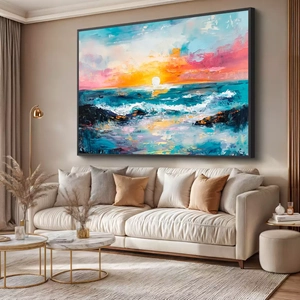 Quadro Pôr do Sol Abstrato deitado sobre a superfície, mostrando os detalhes da moldura inferior direita.
