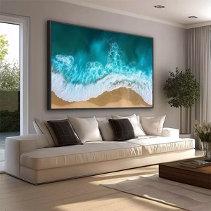 Quadro Praia das Espumas de Safira deitado sobre a superfície, mostrando os detalhes da moldura inferior direita.