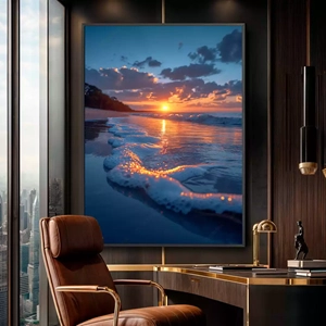 Quadro Praia do Espetáculo do Pôr do Sol deitado sobre a superfície, mostrando os detalhes da moldura inferior direita.