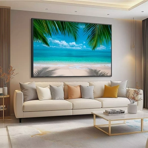 Quadro Praia Mar deitado sobre a superfície, mostrando os detalhes da moldura inferior direita.