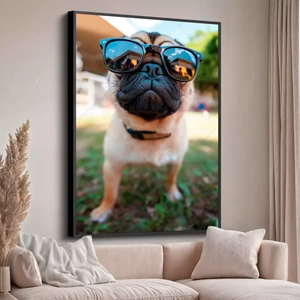 Quadro Pug Estiloso deitado sobre a superfície, mostrando os detalhes da moldura inferior direita.