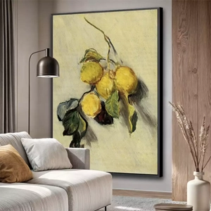 Quadro Ramo de Limões deitado sobre a superfície, mostrando os detalhes da moldura inferior direita.