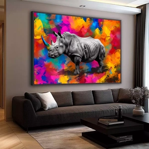 Quadro Rinoceronte deitado sobre a superfície, mostrando os detalhes da moldura inferior direita.