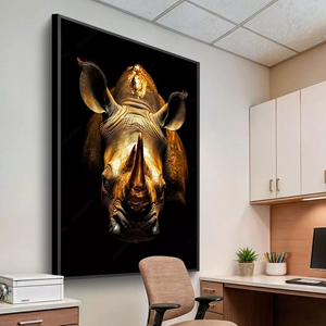 Quadro Rinoceronte Dourado deitado sobre a superfície, mostrando os detalhes da moldura inferior direita.