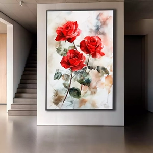 Quadro Rosas Vermelhas deitado sobre a superfície, mostrando os detalhes da moldura inferior direita.