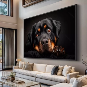 Quadro Rottweiler Gentil deitado sobre a superfície, mostrando os detalhes da moldura inferior direita.