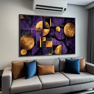 Quadro Roxo Abstrato deitado sobre a superfície, mostrando os detalhes da moldura inferior direita.