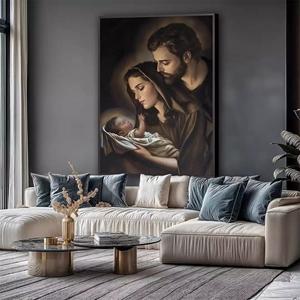 Quadro Sagrada Família em Amor e Luz deitado sobre a superfície, mostrando os detalhes da moldura inferior direita.