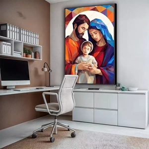 Quadro Sagrada Família em Formas Geométricas de Esperança Divina deitado sobre a superfície, mostrando os detalhes da moldura inferior direita.