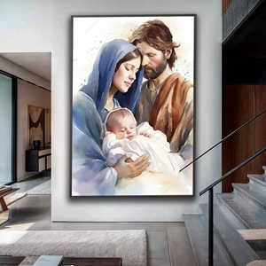 Quadro Sagrada Família em Luz e Serenidade Divina deitado sobre a superfície, mostrando os detalhes da moldura inferior direita.