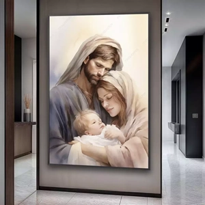 Quadro Sagrada Família Envolta em Amor e Serenidade deitado sobre a superfície, mostrando os detalhes da moldura inferior direita.