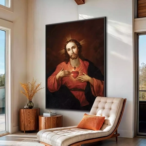 Quadro Sagrado Coração de Jesus deitado sobre a superfície, mostrando os detalhes da moldura inferior direita.