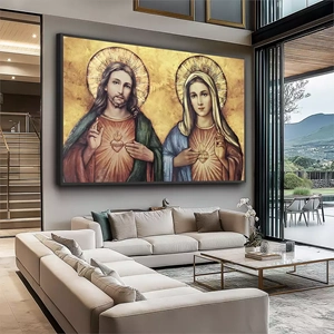 Quadro Sagrado Coração de Jesus e Imaculado Coração de Maria em Pintura a Óleo deitado sobre a superfície, mostrando os detalhes da moldura inferior direita.
