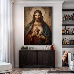 Quadro Sagrado Coração de Jesus Pintura Antiga deitado sobre a superfície, mostrando os detalhes da moldura inferior direita.