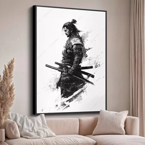 Quadro Samurai a Caminho da Batalha deitado sobre a superfície, mostrando os detalhes da moldura inferior direita.