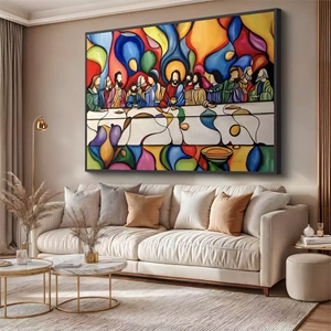 Quadro Santa Ceia Abstrata deitado sobre a superfície, mostrando os detalhes da moldura inferior direita.