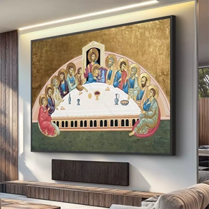 Quadro Santa Ceia em Arte Sacra deitado sobre a superfície, mostrando os detalhes da moldura inferior direita.