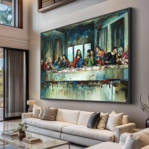 Quadro Santa Ceia em Cores Frias deitado sobre a superfície, mostrando os detalhes da moldura inferior direita.