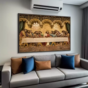 Quadro Santa Ceia em pintura Impressionista deitado sobre a superfície, mostrando os detalhes da moldura inferior direita.