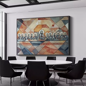 Quadro Santa Ceia Geométrica deitado sobre a superfície, mostrando os detalhes da moldura inferior direita.
