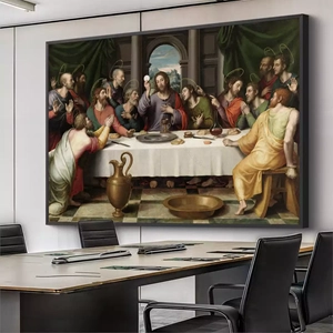 Quadro Santa Ceia deitado sobre a superfície, mostrando os detalhes da moldura inferior direita.