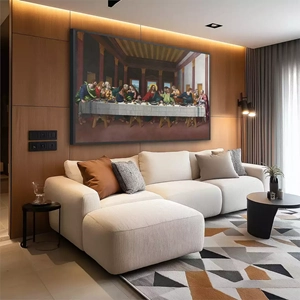 Quadro Santa Ceia deitado sobre a superfície, mostrando os detalhes da moldura inferior direita.