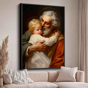 Quadro São José e Menino Jesus deitado sobre a superfície, mostrando os detalhes da moldura inferior direita.