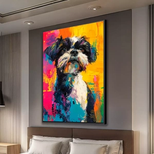 Quadro Shih Tzu em Pintura Colorida deitado sobre a superfície, mostrando os detalhes da moldura inferior direita.