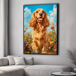 Quadro Spaniel Inglês deitado sobre a superfície, mostrando os detalhes da moldura inferior direita.