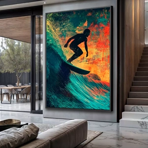 Quadro Surf Estilo Vintage deitado sobre a superfície, mostrando os detalhes da moldura inferior direita.