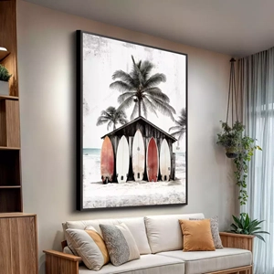 Quadro Surf Vintage deitado sobre a superfície, mostrando os detalhes da moldura inferior direita.