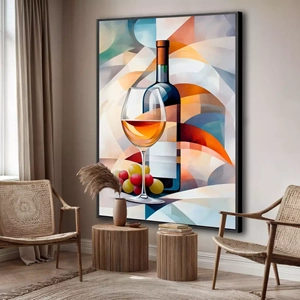 Quadro Taça de Vinho em Pintura Delicada deitado sobre a superfície, mostrando os detalhes da moldura inferior direita.