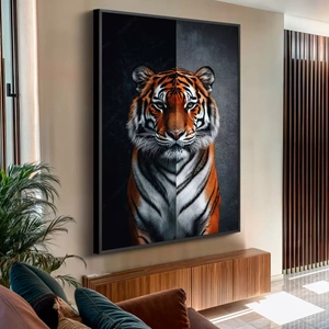 Quadro Tigre em Dualidade de Cores deitado sobre a superfície, mostrando os detalhes da moldura inferior direita.