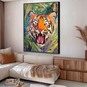 Quadro Tigre Selvagem no Brilho da Floresta deitado sobre a superfície, mostrando os detalhes da moldura inferior direita.