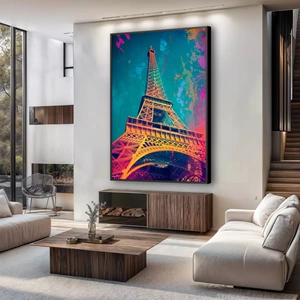 Quadro Torre Eiffel Vintage deitado sobre a superfície, mostrando os detalhes da moldura inferior direita.