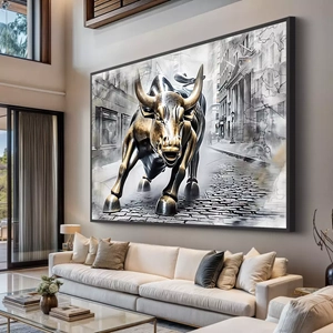 Quadro Touro de Wall Street em Pintura Marcante deitado sobre a superfície, mostrando os detalhes da moldura inferior direita.
