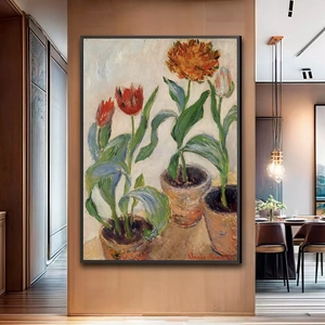 Quadro Três Potes de Tulipas deitado sobre a superfície, mostrando os detalhes da moldura inferior direita.