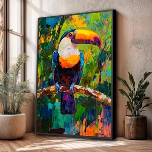Quadro Tucano Pintura deitado sobre a superfície, mostrando os detalhes da moldura inferior direita.