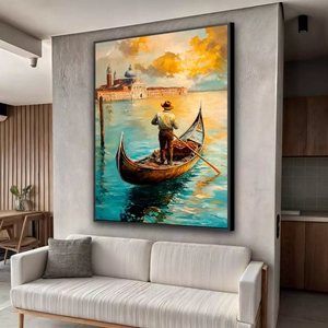 Quadro Veneza deitado sobre a superfície, mostrando os detalhes da moldura inferior direita.