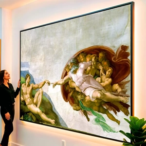 Quadro A Criação de Adão visto de frente, exibindo sua moldura e sua arte.