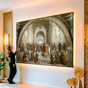 Quadro A Escola de Atenas visto de frente, exibindo sua moldura e sua arte.