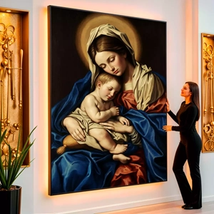 Quadro A Virgem Maria e Jesus Adormecido visto de frente, exibindo sua moldura e sua arte.