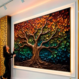 Quadro Árvore da Vida em Tons de Crescimento Infinito visto de frente, exibindo sua moldura e sua arte.