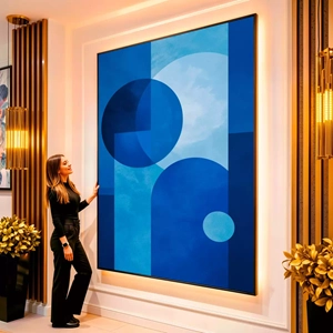 Quadro Azul dos Horizontes Geométricos em Harmonia visto de frente, exibindo sua moldura e sua arte.