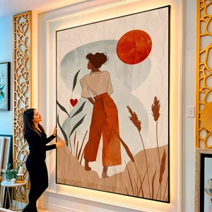 Quadro Boho das Paisagens e Sol Poente visto de frente, exibindo sua moldura e sua arte.