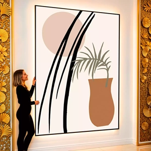 Quadro Boho Natureza Minimalista em Texturas Vibrantes visto de frente, exibindo sua moldura e sua arte.